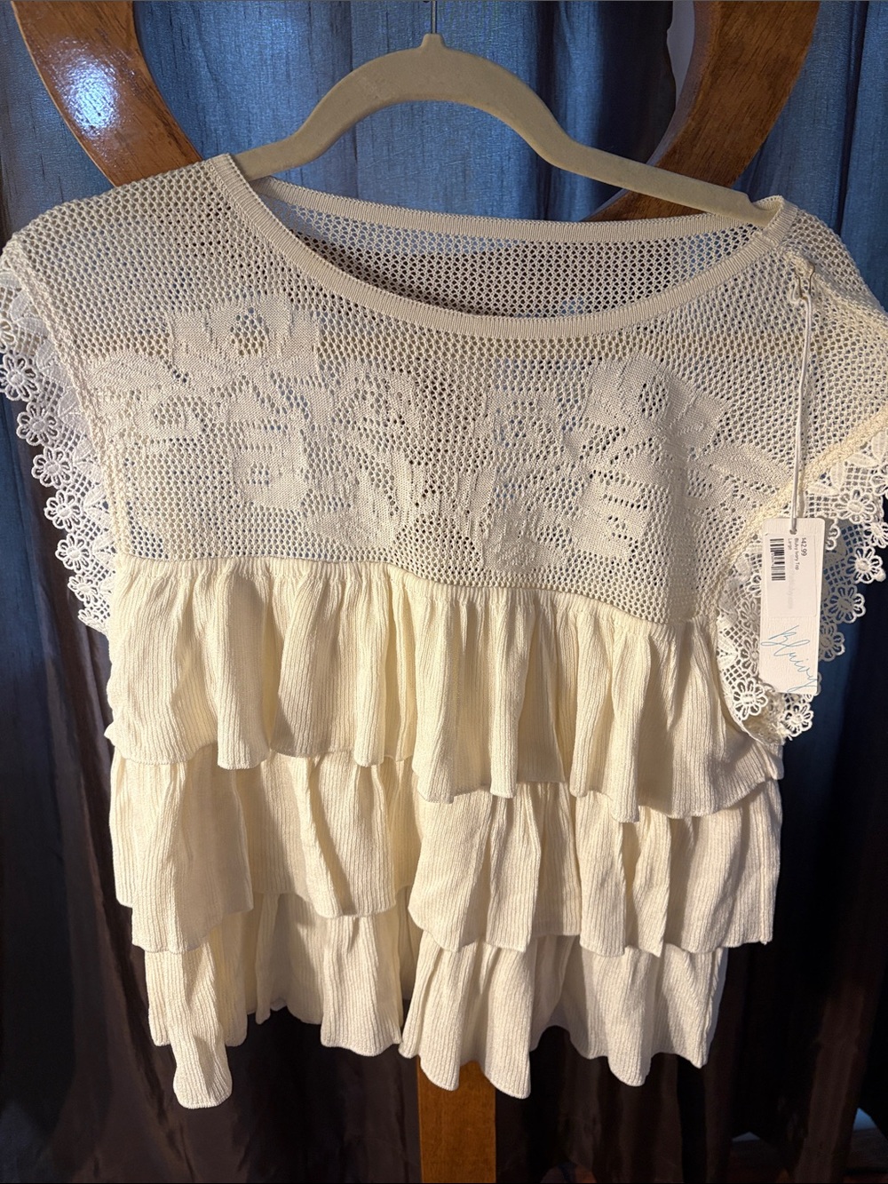 Bluivy Cream Crochet Yoke Ruffle Tiered Blouse Large